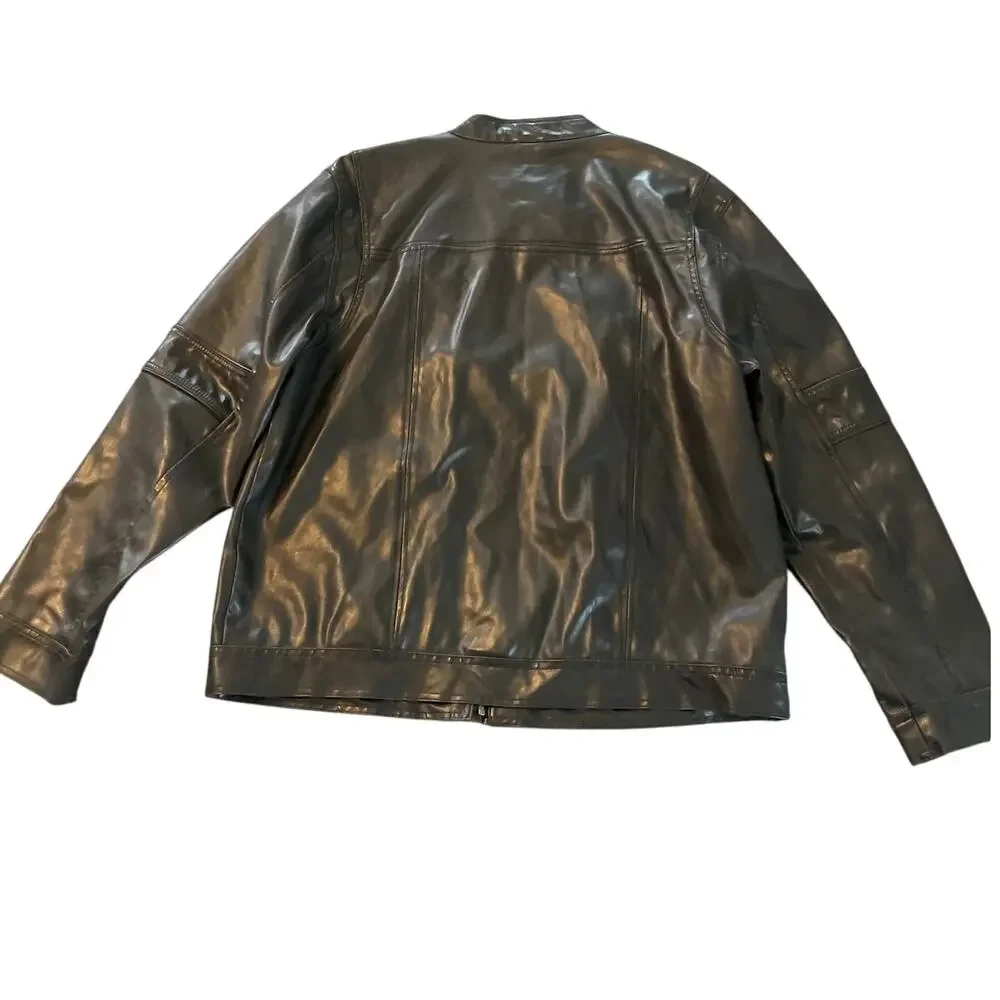 BKE Mens Vtg Quality Faux Leather DK Brown LS Moto Jacket Band Collar Zip XL